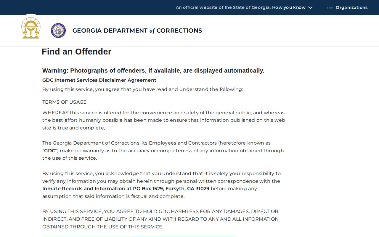 Georgia Department of Corrections offender query for a sentenced state prisoner