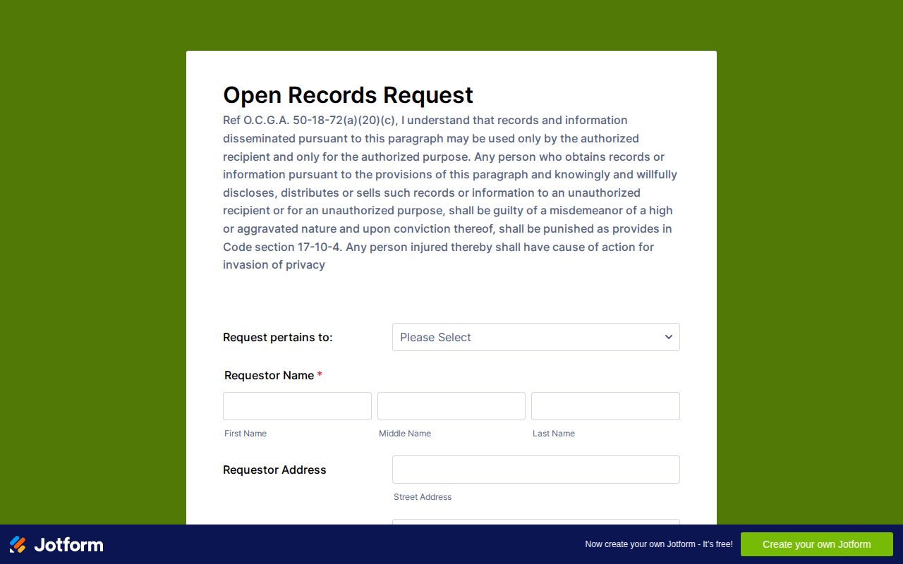 Charlton County sheriff Open Records Request form for a booking record or photo